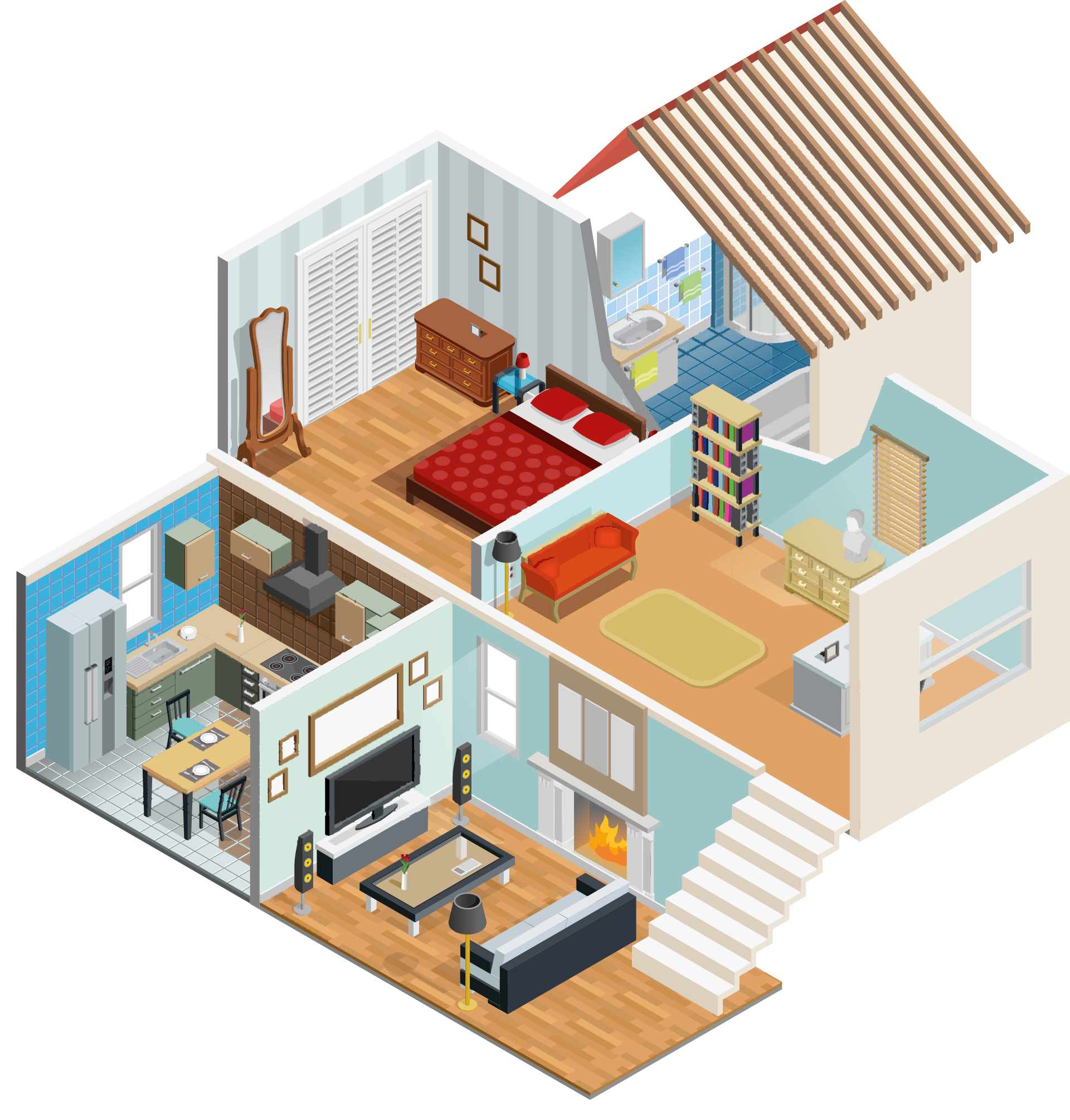Illustration eines Hauses mit mehreren Etagen als Grundschnitt in isometrischer Darstellung. Ein komfortables, altersgerechtes Wohnen im Alter ist dank zahlreicher verfügbarer Alltagshelfer für Senioren oft ohne größere Umbaukosten möglich.